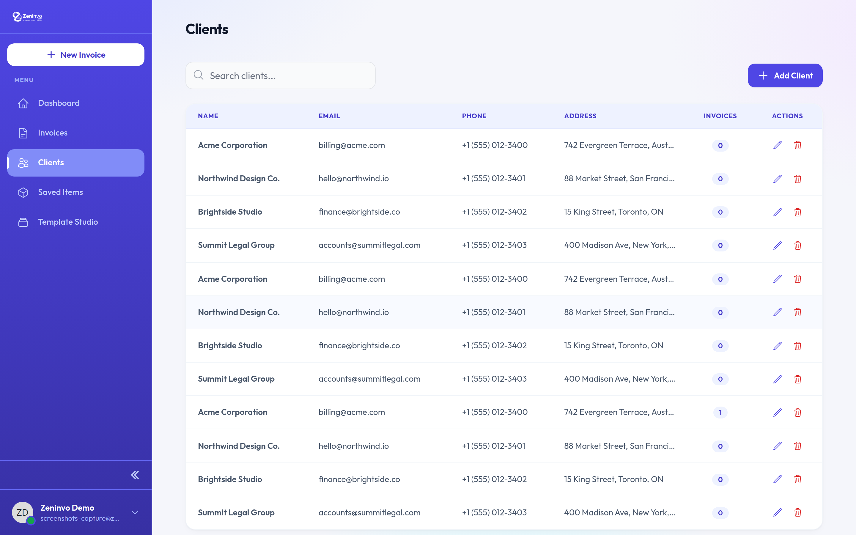 Zeninvo client management page