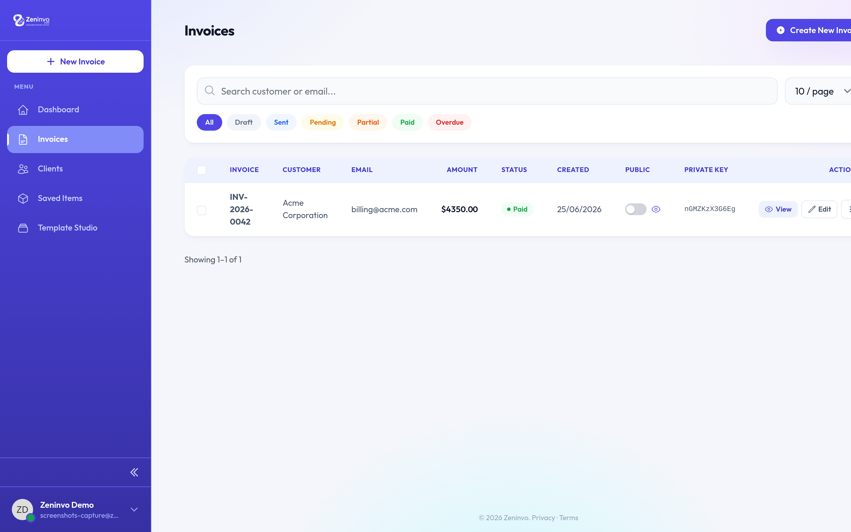 Zeninvo invoice list with status filters