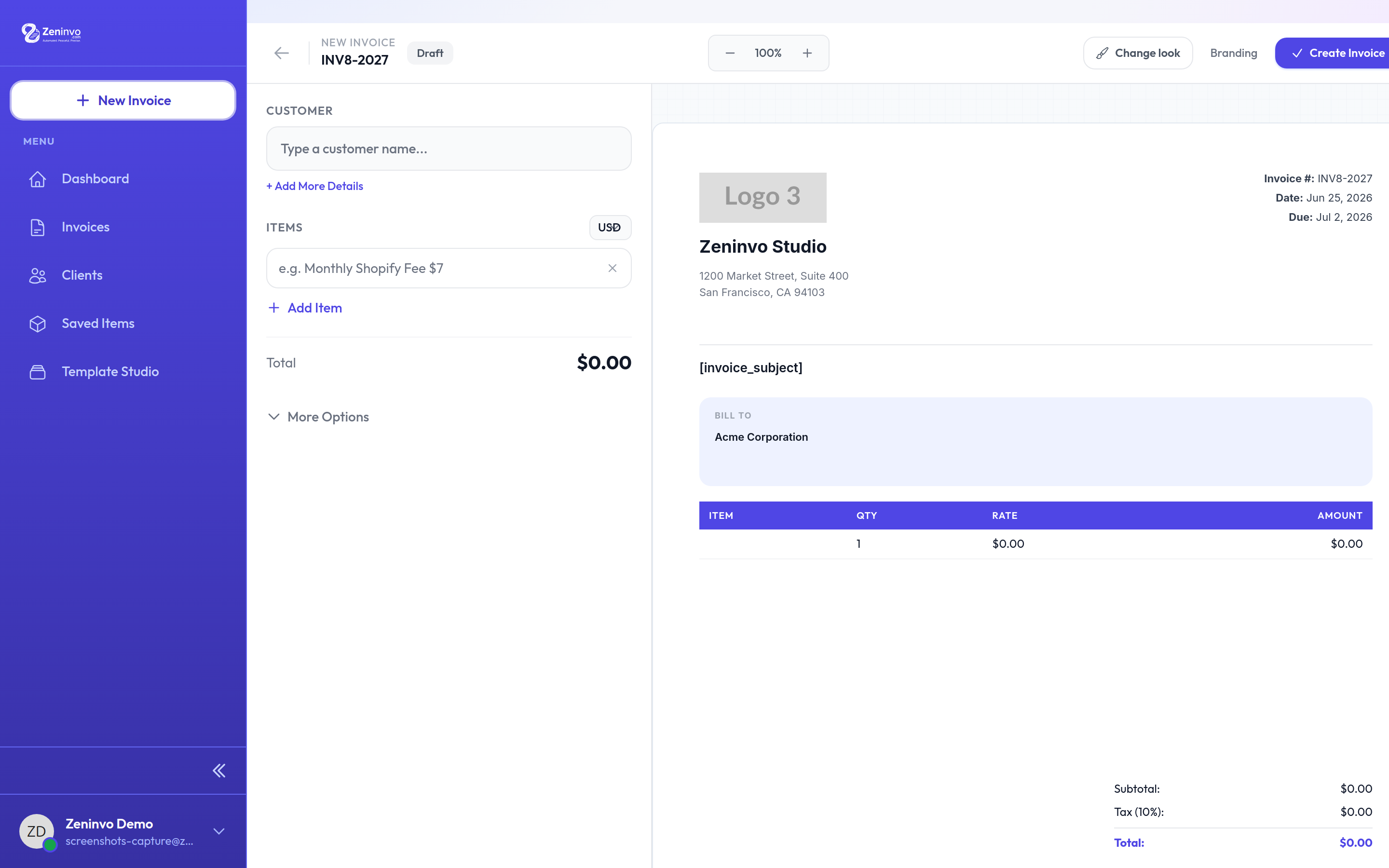 Zeninvo invoice builder with live preview